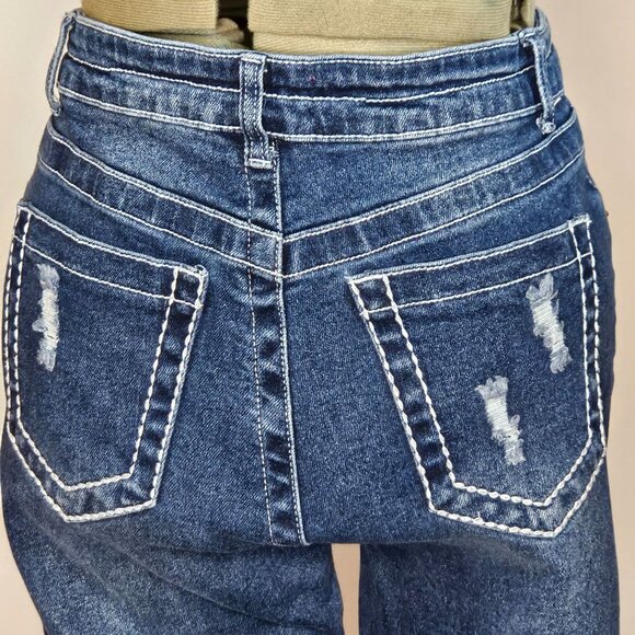 Woman's Bamboo dark wash white stitch embroidered distressed flared mid rise jea - Picture 5 of 11